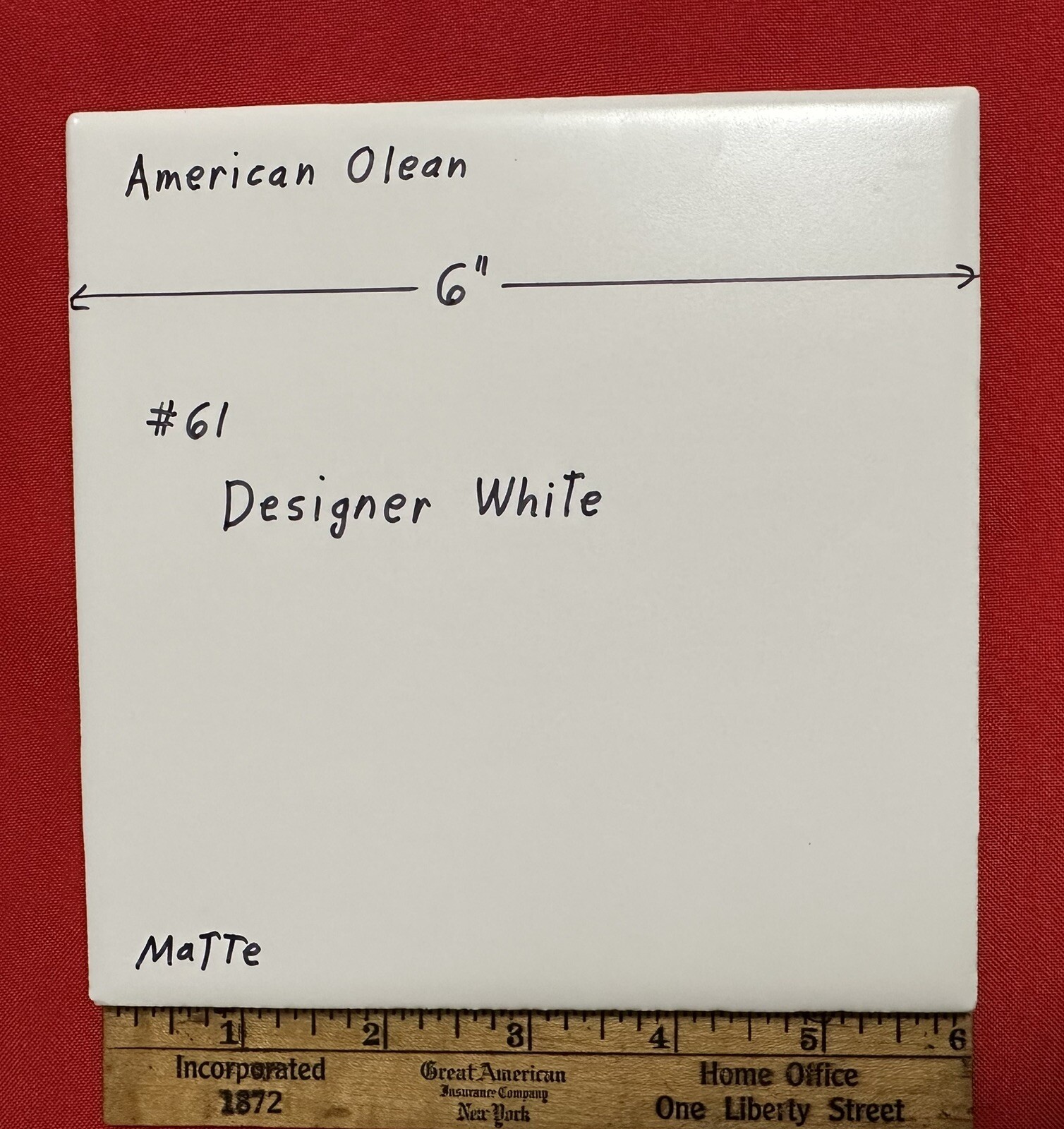 1 pc. *Matte Designer White* #61 by American Olean 6″ X 6″ Ceramic Tile: NEW