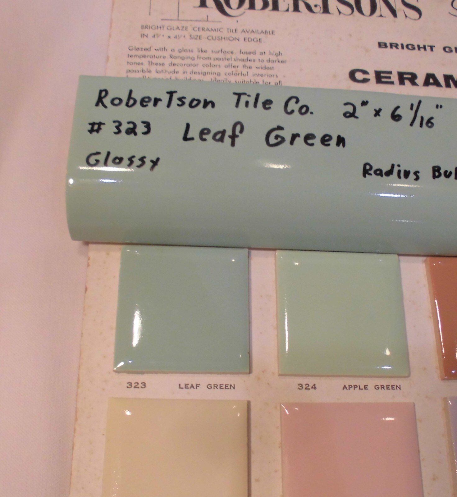 1 pc. Leaf Green: 2″ X 6-1/16″ Glossy Ceramic Radius Bullnose Tile: Mudd Caps,