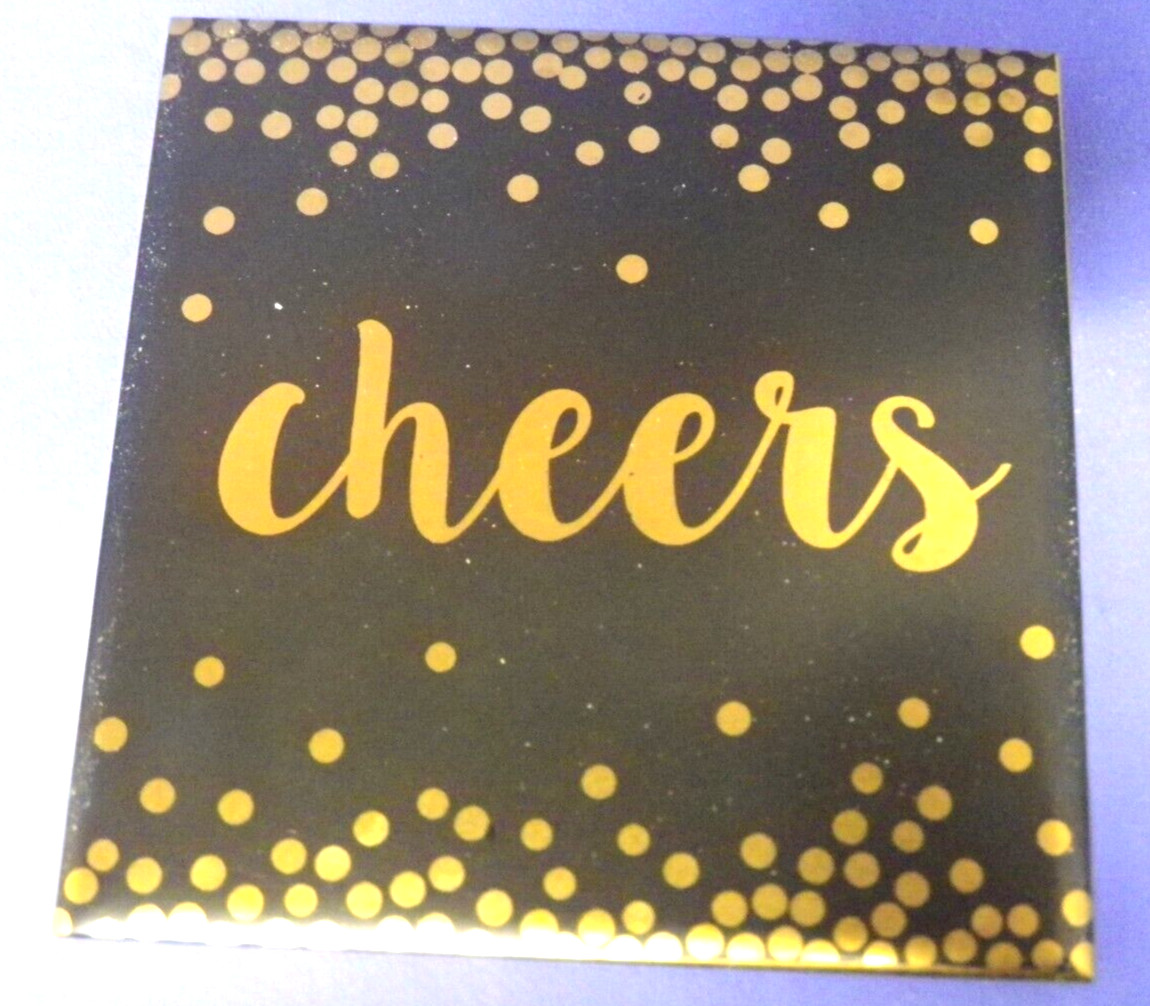 4 Harman Ceramic Drink Coasters Cork Back Black & Metallic Gold “Cheers” New