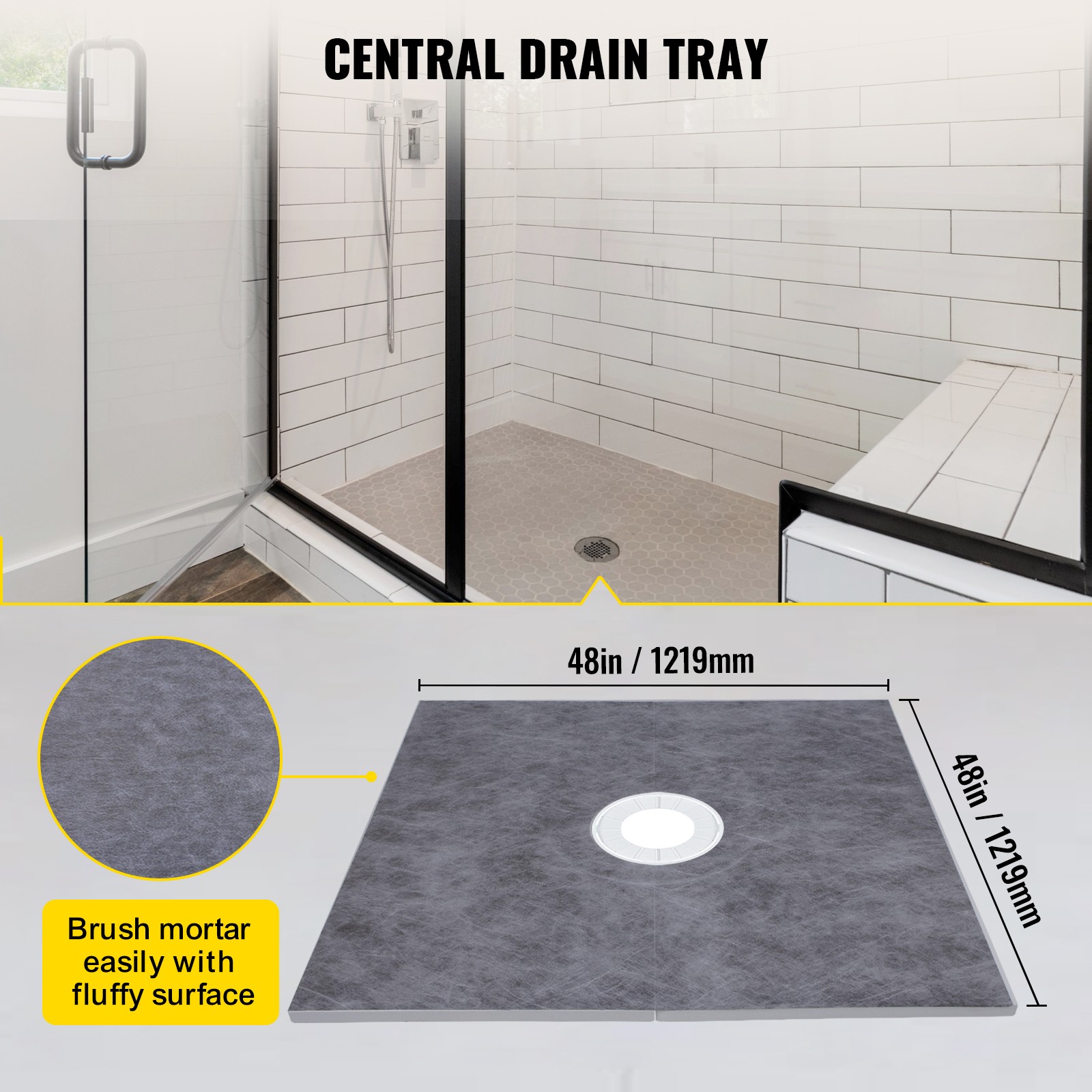 VEVOR Waterproofing Shower Kit Shower Kit Tray 48”x48” with Central Drain PVC