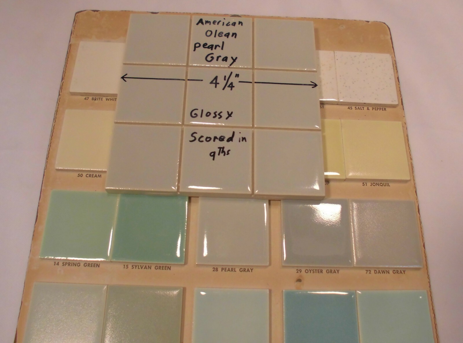 1 pc. *Pearl Gray* 4-1/4″ Scored 9ths Glossy Ceramic Tile by American Olean Co.