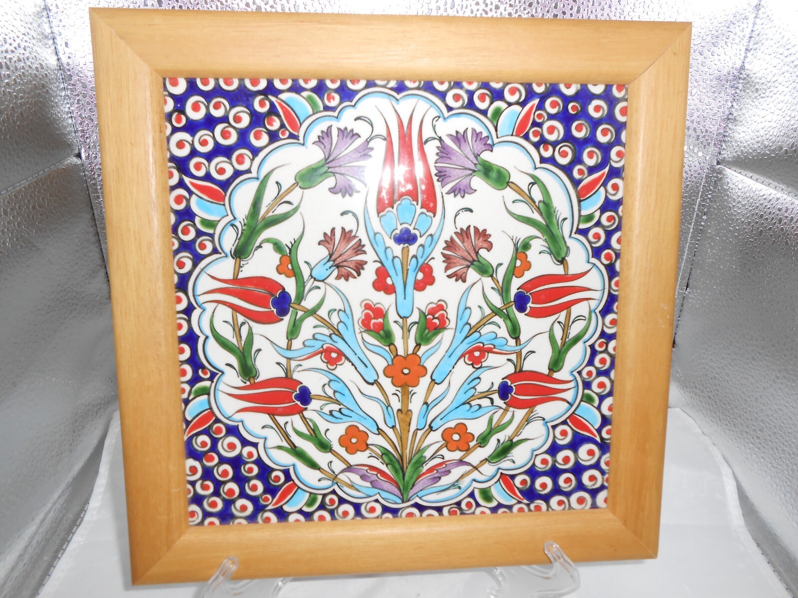 Turkish Iznik Red Tulip & Light Blue Floral Pattern Ceramic Tile 7 1/2 x 7 1/2