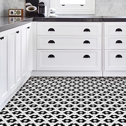 Floral Peel & Stick Floor Tiles, Black and White Geometric Water Resistant