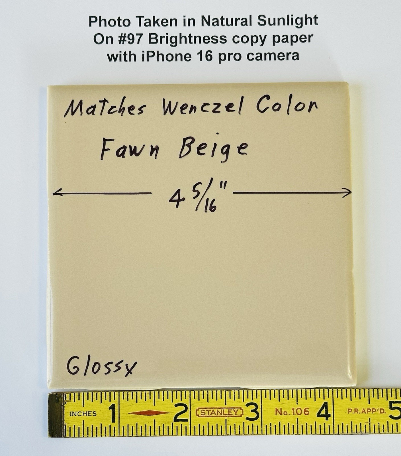 1 pc. Fawn Beige: 4-5/16″ Glossy Ceramic Tile, matches Wenczel Color #223, NOS