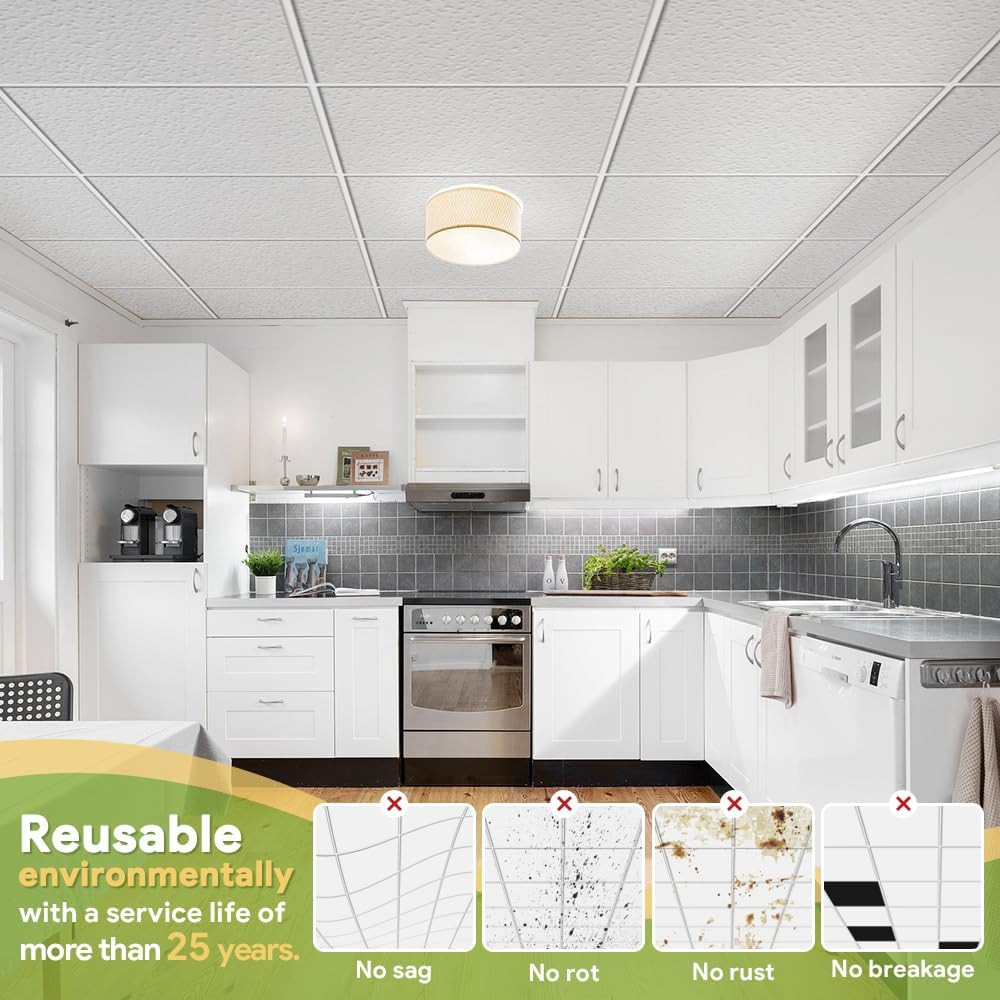 Waterproof 2×4 Drop Ceiling Tiles – 12 Pack, Fire-Rated & Washable PVC