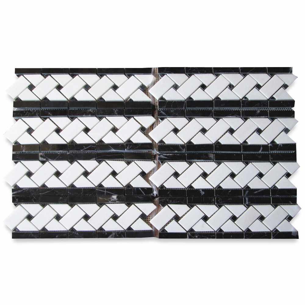 T651BP Thassos White Marble 4×12 Basketweave Mosaic Border Black Dots Polish