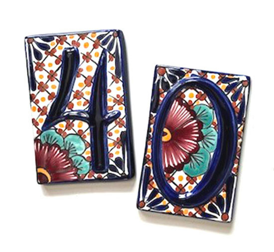 #4, #0, #3 TALAVERO GLAZED TERRA COTTA HOUSE NUMBERS TILES MEXICO; COBALT-MULTI