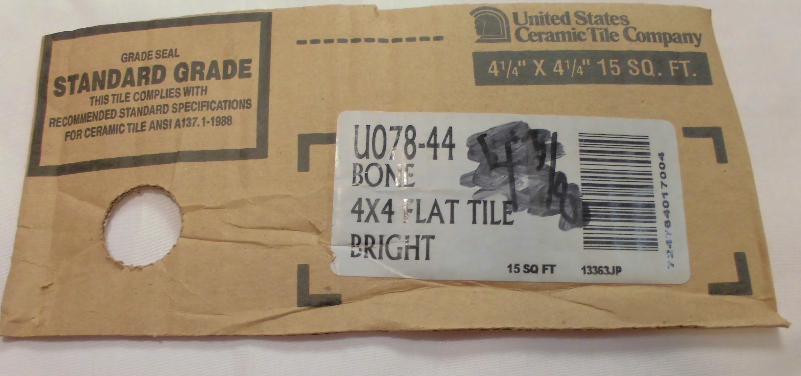 1 pc. Gloss Bone: 4-1/4″ Ceramic Tile by United State Tile Co. New Old Stock