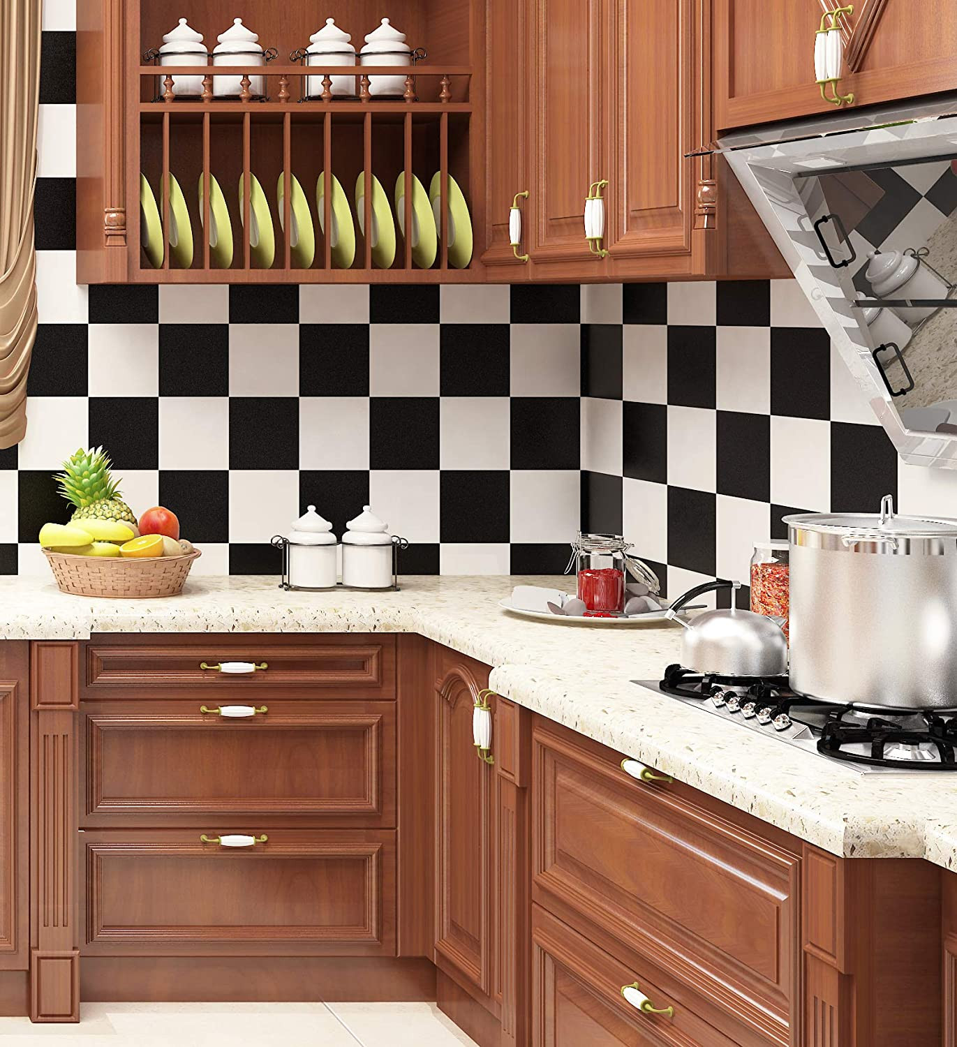 Checkered Black and White Vinyl Flooring Roll 15.8X78.8 in Peel And