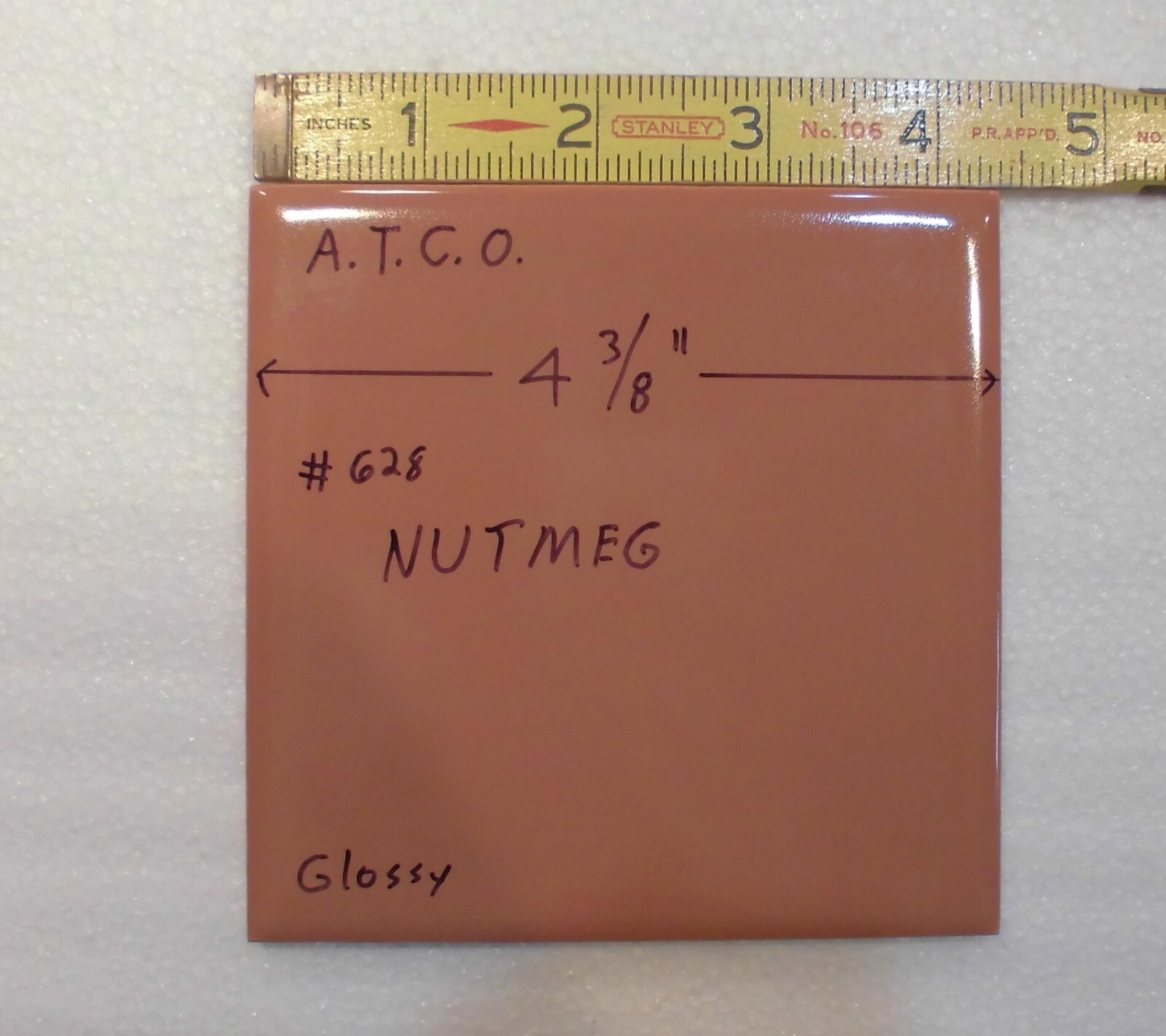 1 pc. Medium Brown – Nutmeg: 4-3/8″ Glossy Ceramic Tile by ATCO, New Old Stock