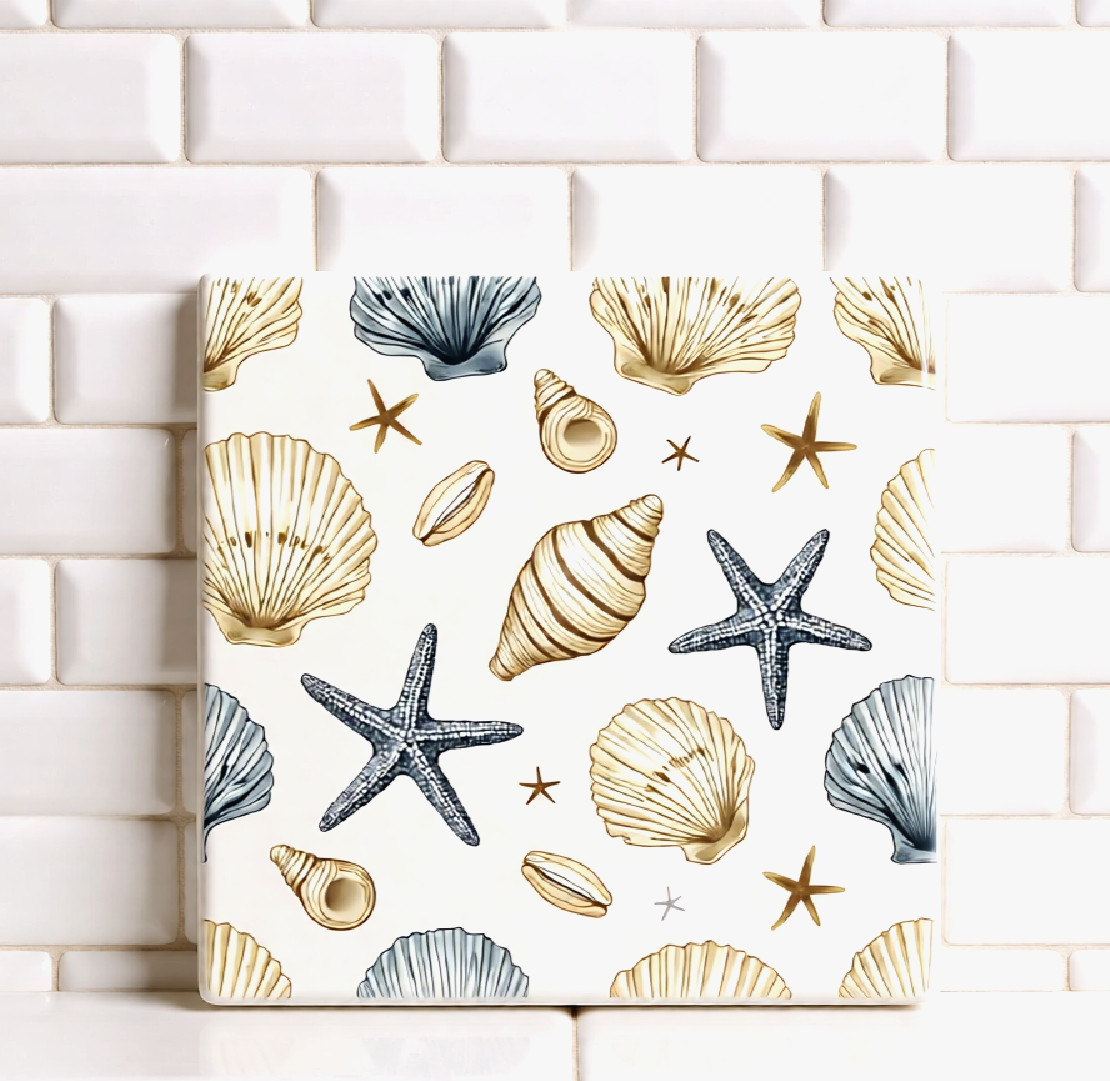 Coastal Ceramic Tile 3 sizes Blue Brown Seashells Printed in US