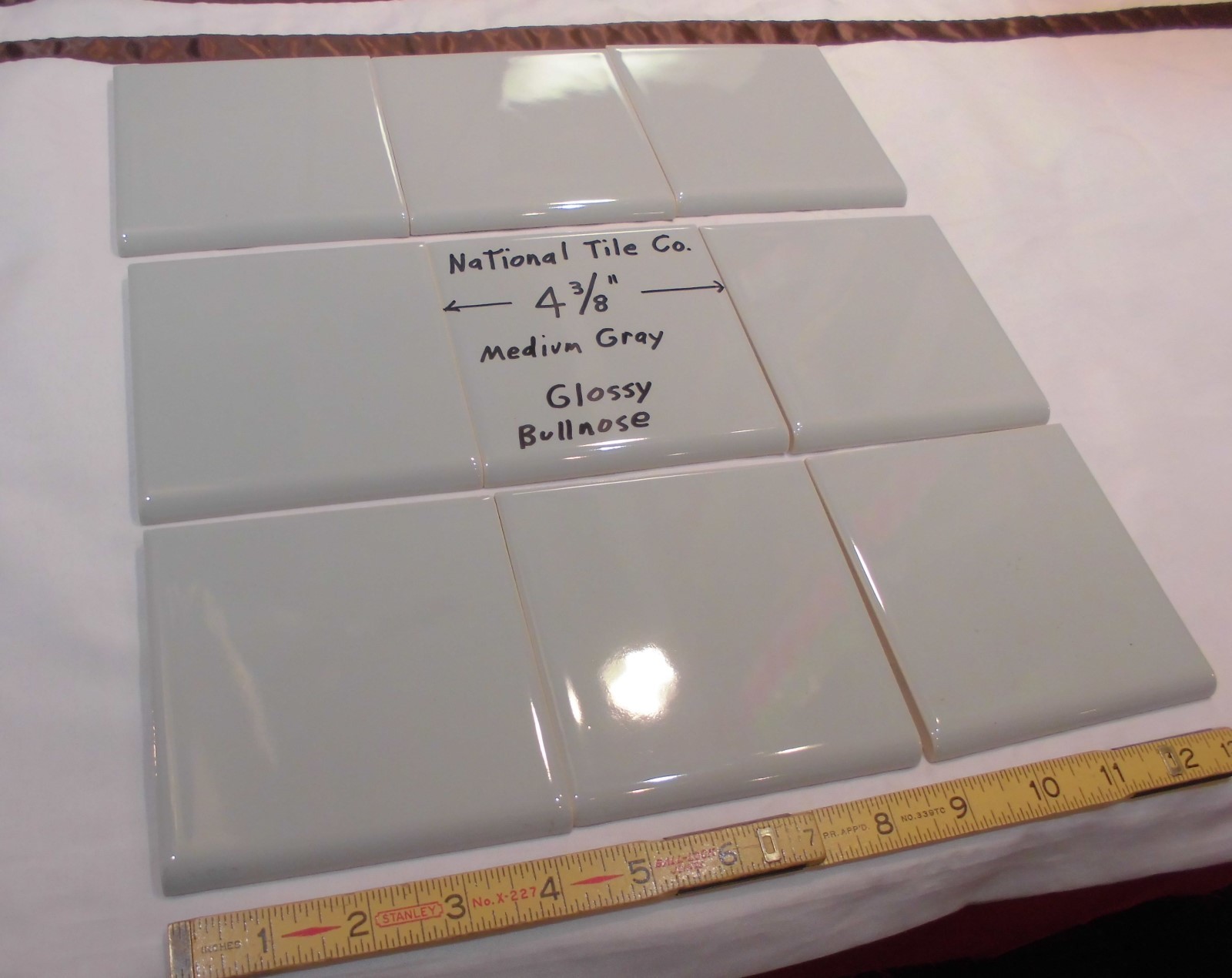 9 pcs. Vintage *Medium Gray* 4-3/8″ Glossy Ceramic Bullnose by National Tile Co.