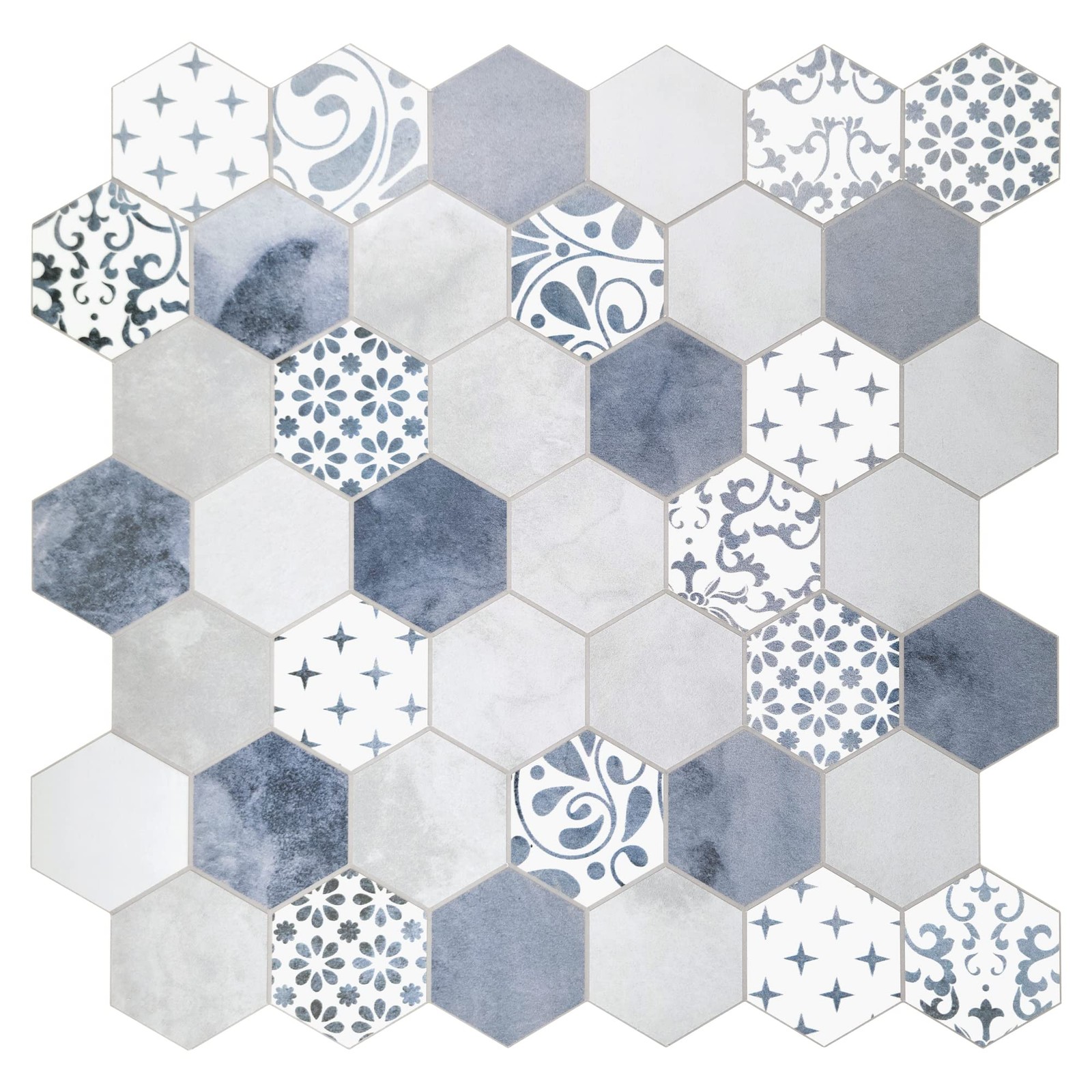 10-Sheet Peel and Stick Backsplash, Blue Cement Hexagon Stone Composite Marbl…