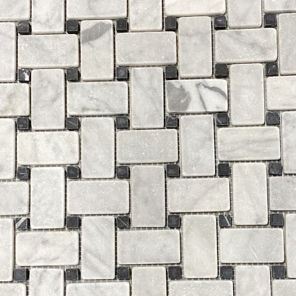 C651XT NonSlip Carrara Venato Marble Basketweave Mosaic Tile Black Dot Tumble