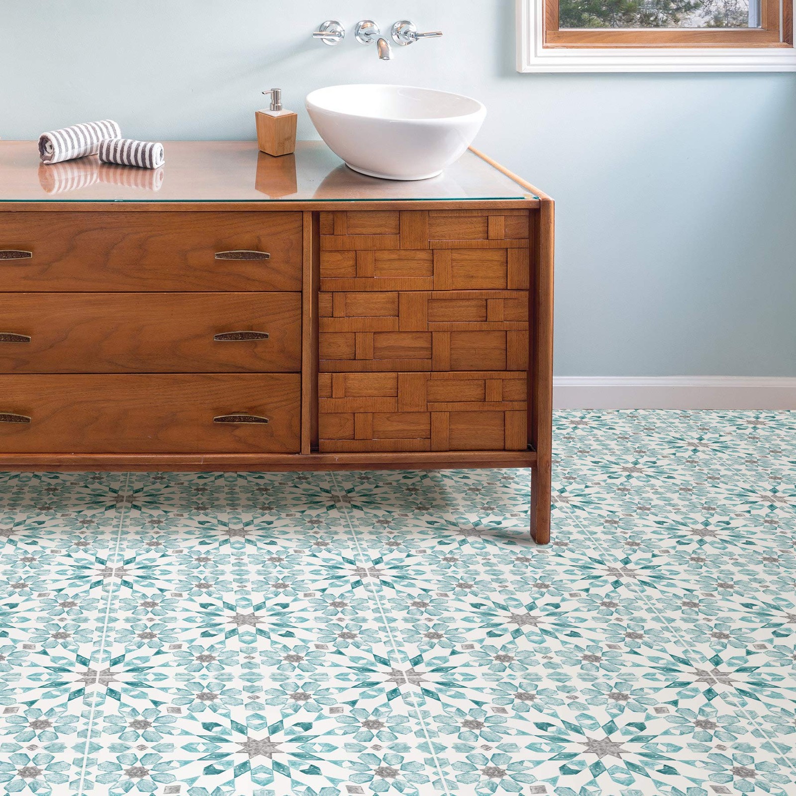 Peel and Stick Vinyl Floor Tiles Blue Geometric 12×12 Pack of 10
