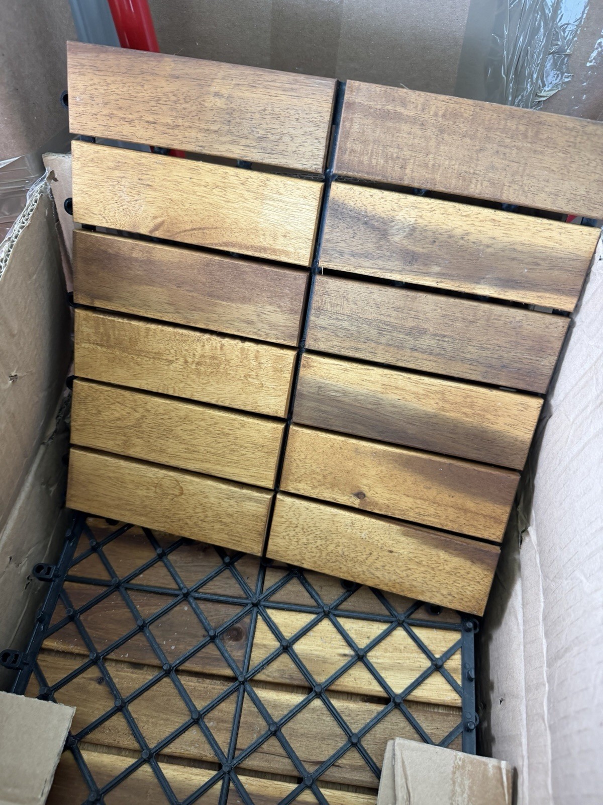 Acacia Wood Interlocking Deck Tile 12×12 Brown Plastic Base Parquet