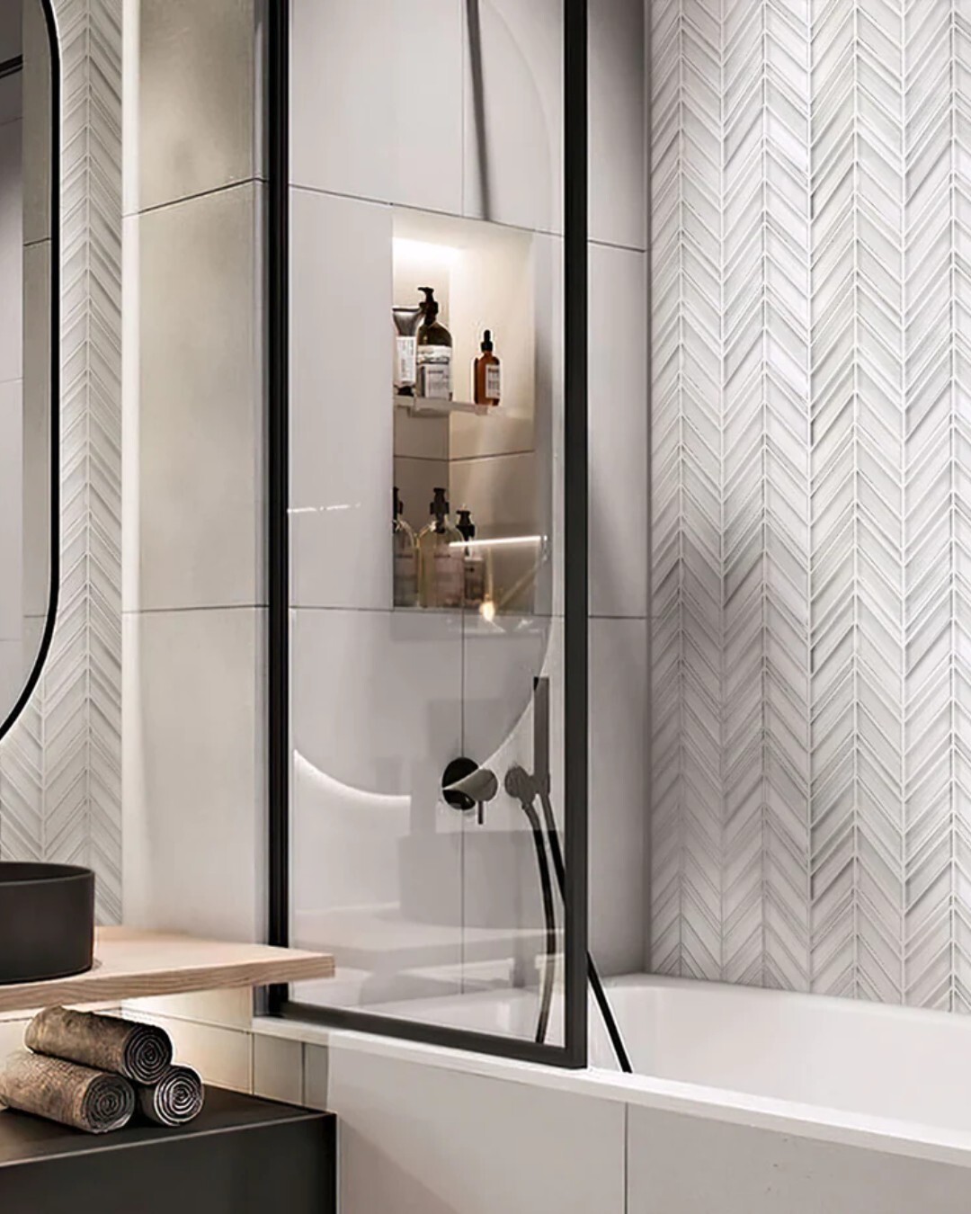 BIANCO VENATO CHEVRON HONED OFF WHITE GLOSS TILE MOSAIC 12X12, KITCHEN, BATHROOM