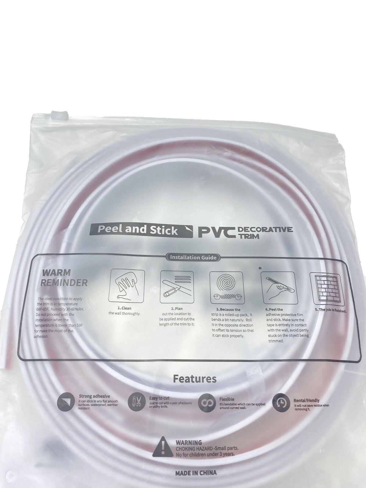 10ft White Peel & Stick PVC Decorative Trim Adhesive Molding Brand New, Home