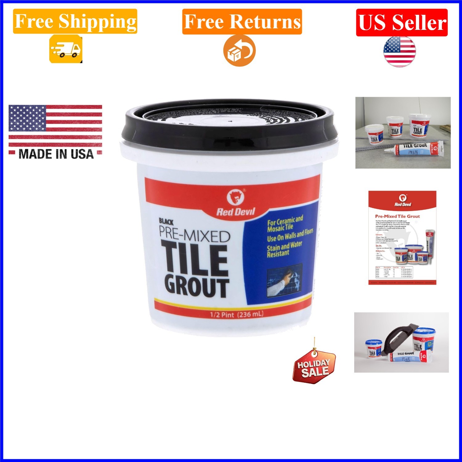 Pre-Mixed Tile Grout Black 8 Fl Oz for Walls & Floors, Acrylic, Water Resistant