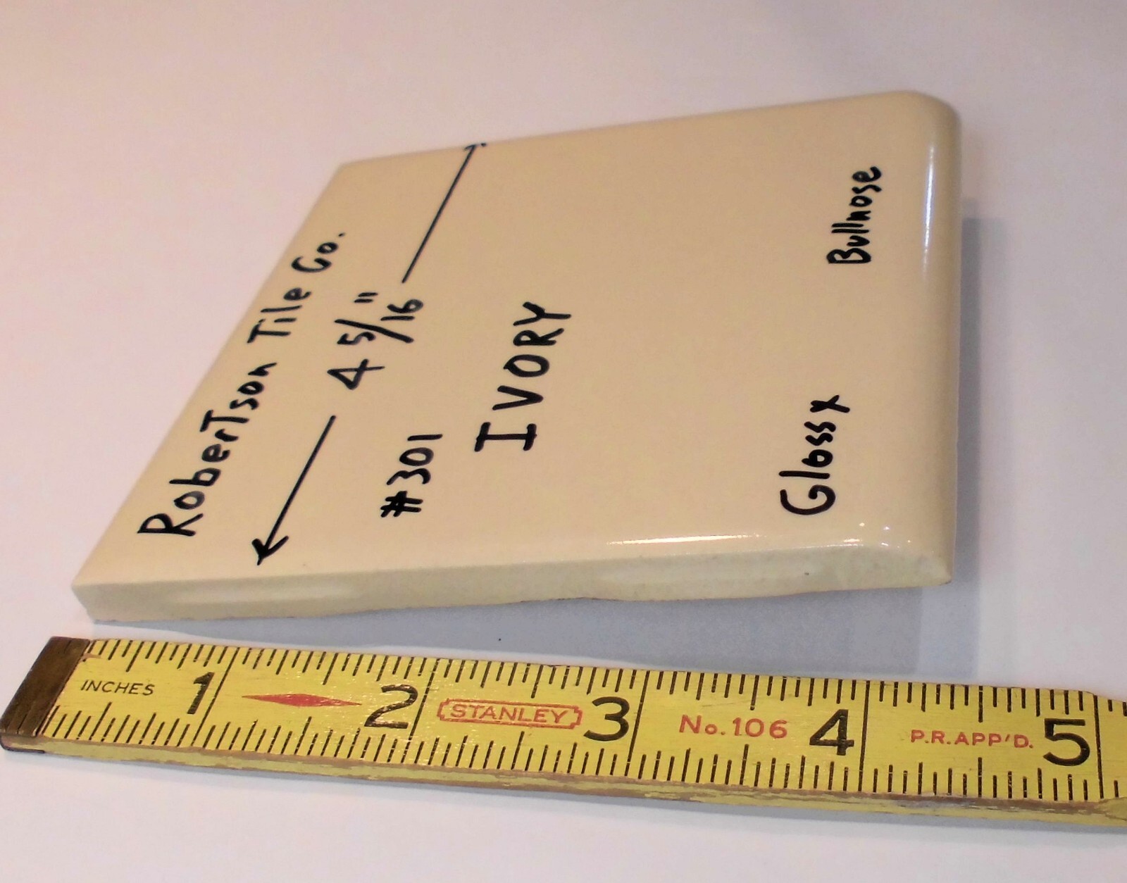 1 pc. Glossy Ceramic Bullnose Tile *Ivory* 4-5/16″ By Robertson Tile Co. New