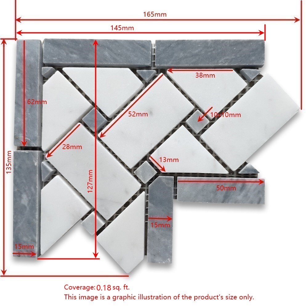 C657CXP Basketweave Mosaic Corner Carrara White Marble Dark Gray Dots Polished