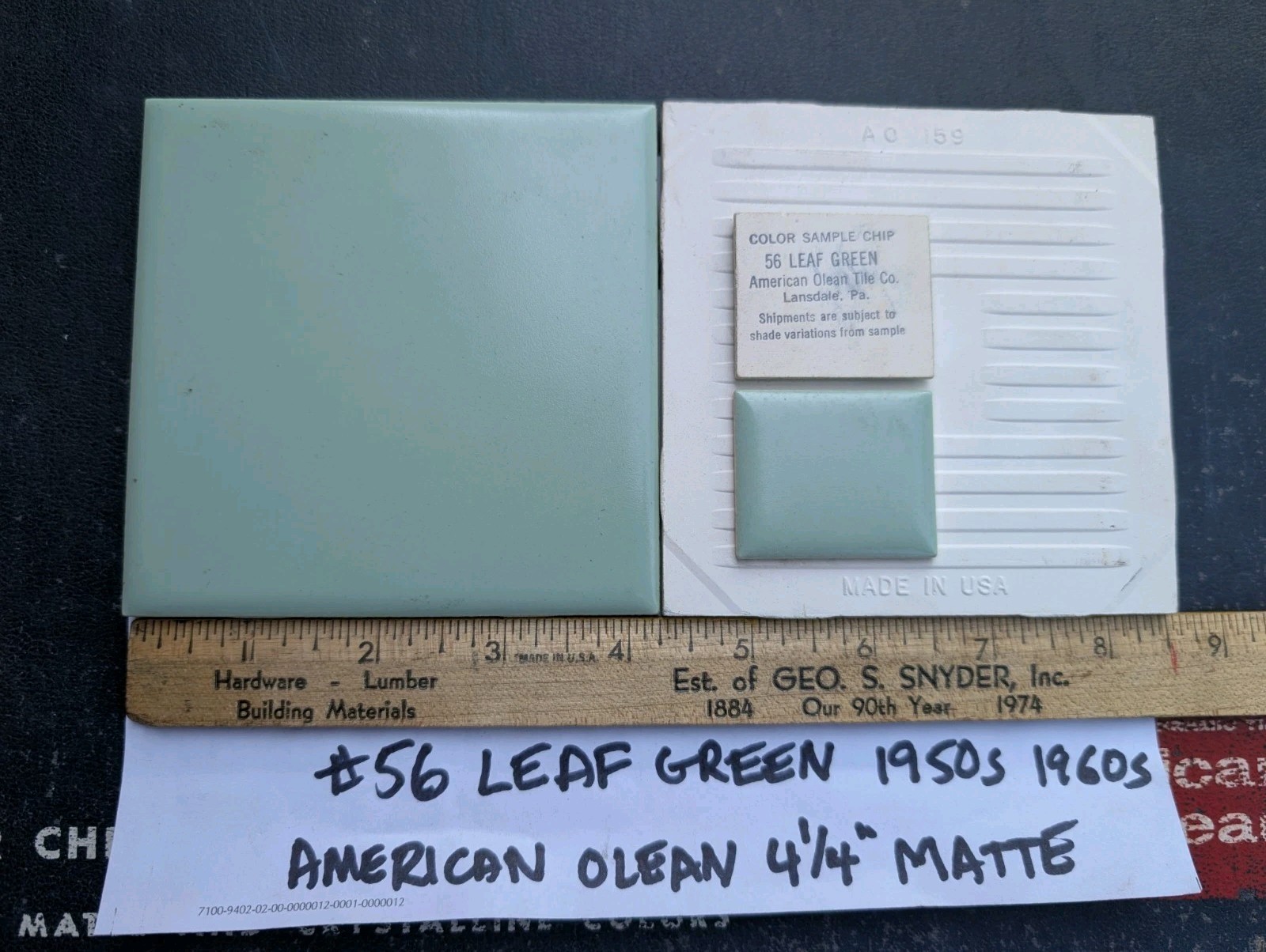 2 pieces 4-1/4″ Square Ceramic Tile #56 Leaf Green New American Olean Tile 1950s