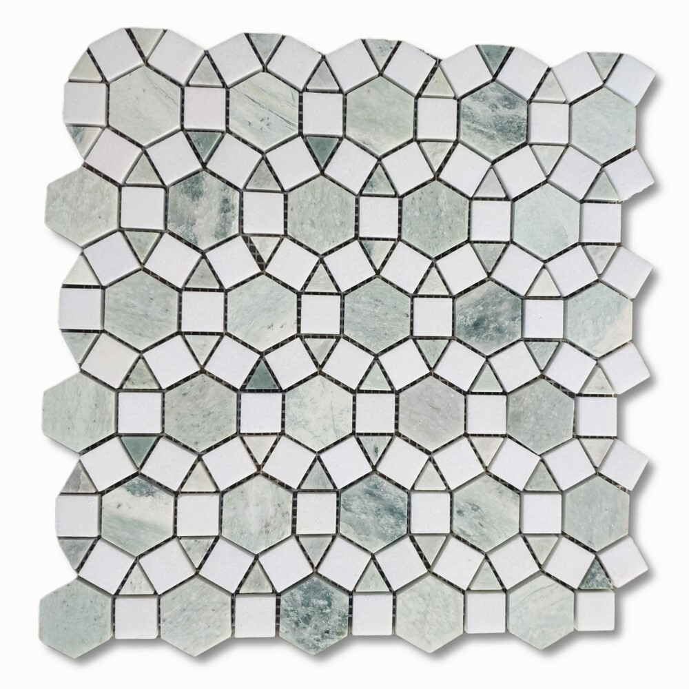 T392XH Thassos White Marble Hexagon Sunflower Ming Green Mosaic Tile Honed