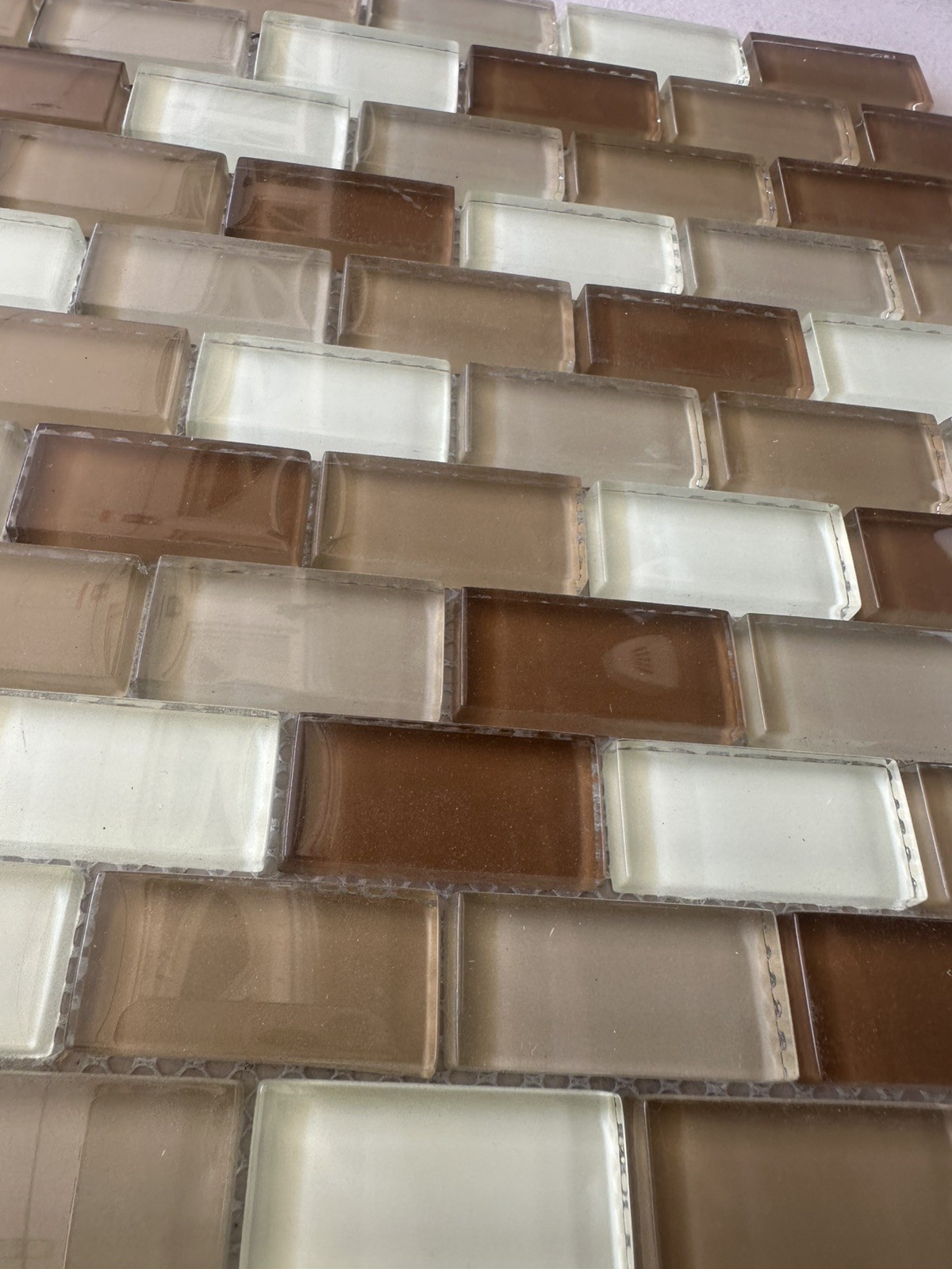 Light Beige 1×2 inch Mix Glossy Glass Mosaic Offset Mesh Mounted