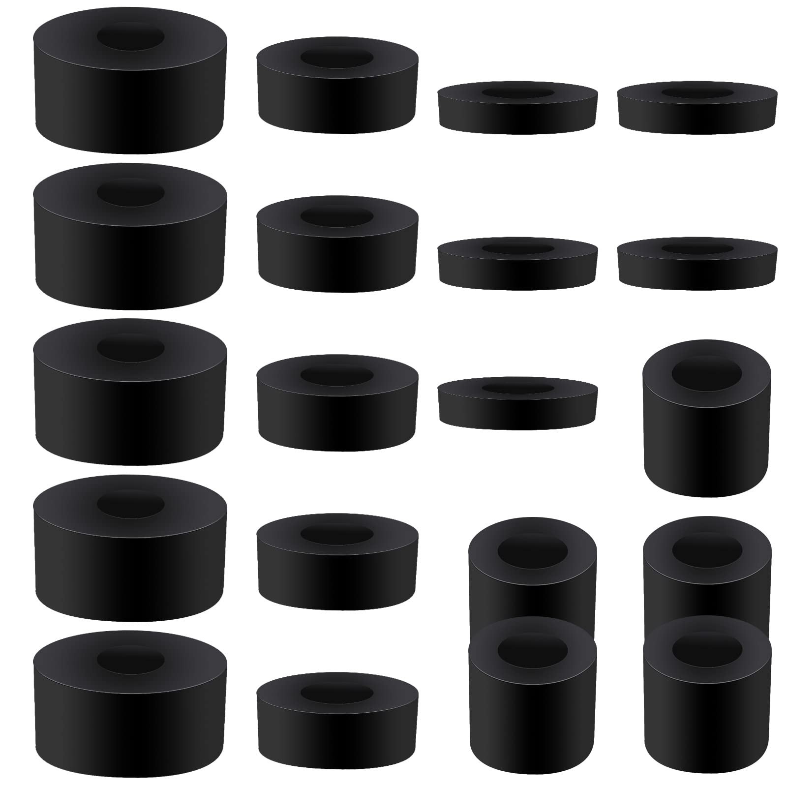20 Pack Thick Rubber Washers – Round & Flat Spacers, 4 Sizes, Black