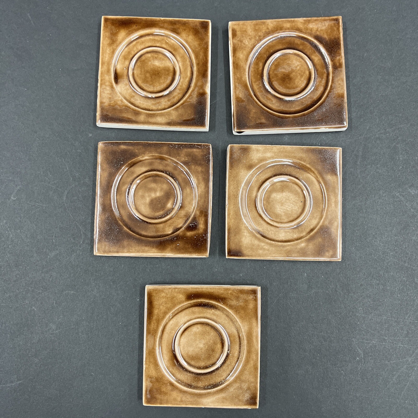 5 – Vintage Brown Ceramic Tile 2 7/8” Square 3/8” Thick Recessed Circles
