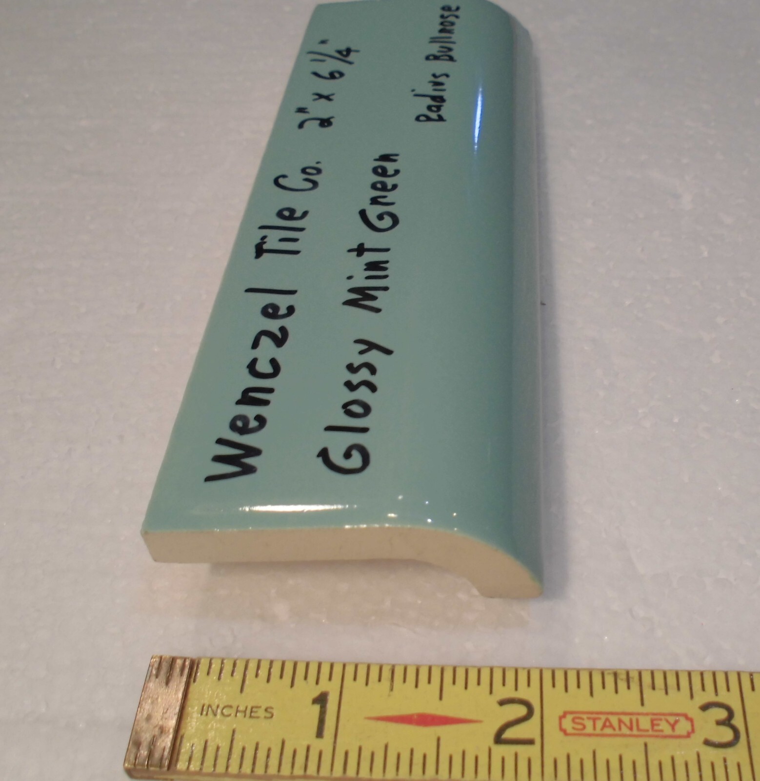 1 pc. Mint Green: Glossy Ceramic Radius Bullnose Tile: Wenczel Co. 2″ X 6-1/4″
