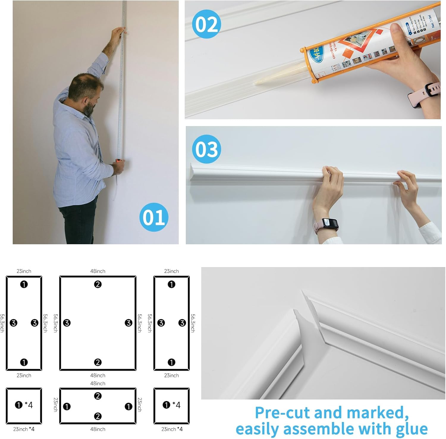 Pre-Cut Wall Molding Set of 6 Pcs, Ready-To-Assemble Wainscoting Panels for Inte
