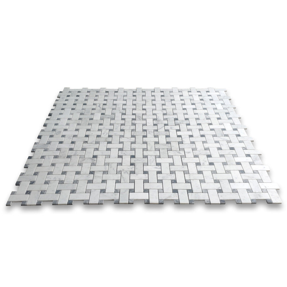 C65L7XH Carrara White Marble Basketweave Mosaic Tile Bardiglio Gray Dots Honed