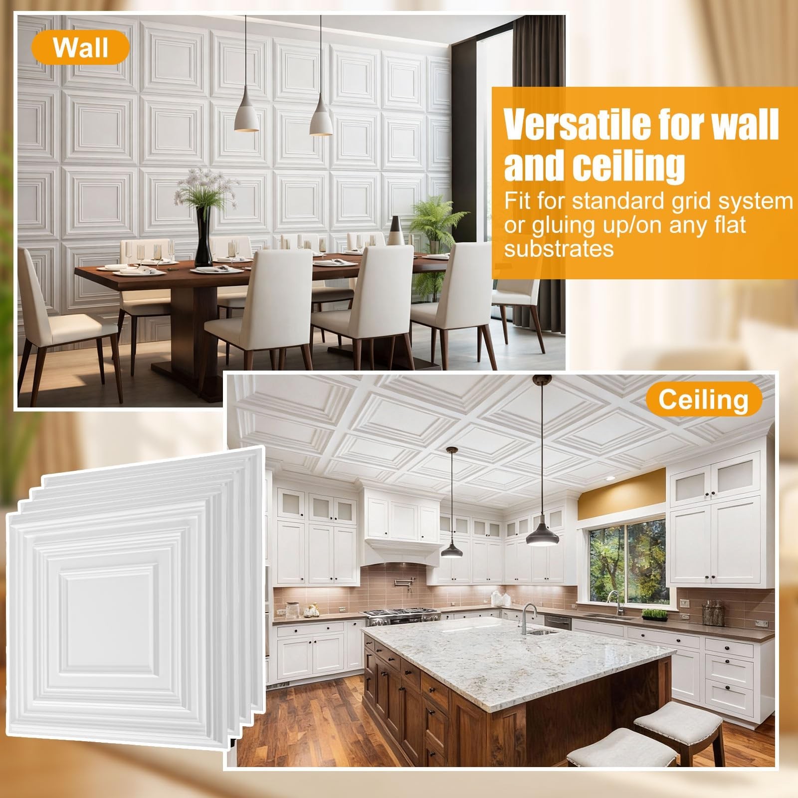30 Pcs 12×12 Inch PVC Drop Ceiling Tiles – Glue-Up, Cuttable, Paintable DIY Pane