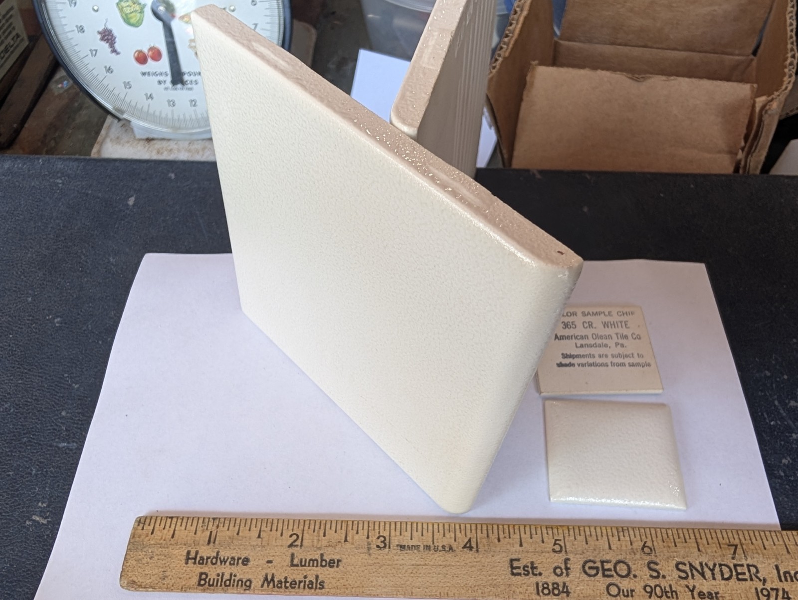 2 pc American Olean Crystalline White ceramic tile 4-1/4″ #365 Bullnose 60s 70s