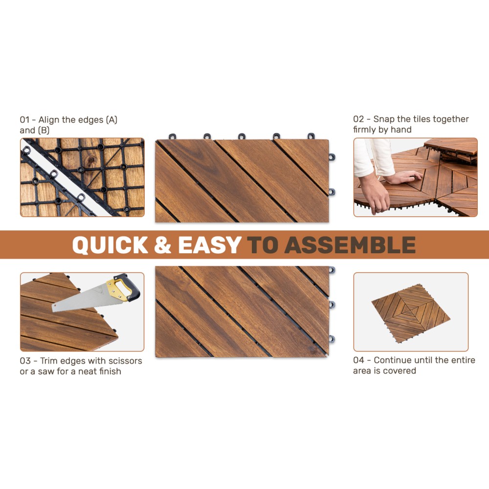 Interlocking Deck Tiles Diagonal Pattern, 12″ x 12″ Acacia Wood Tiles For Patio