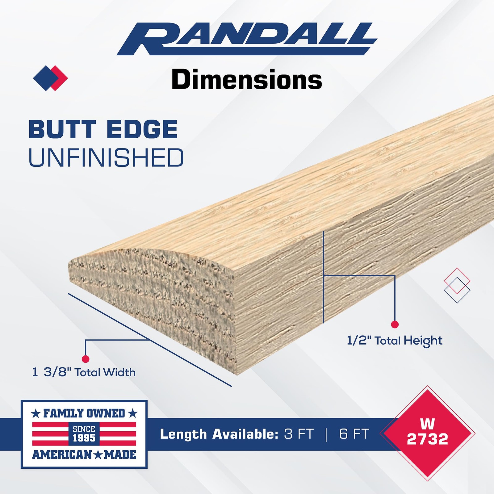 36″ Red Oak Butt Edging/Reducer – 1/2″ Thick x 1-3/8″ Wide Unfinished Solid Oak