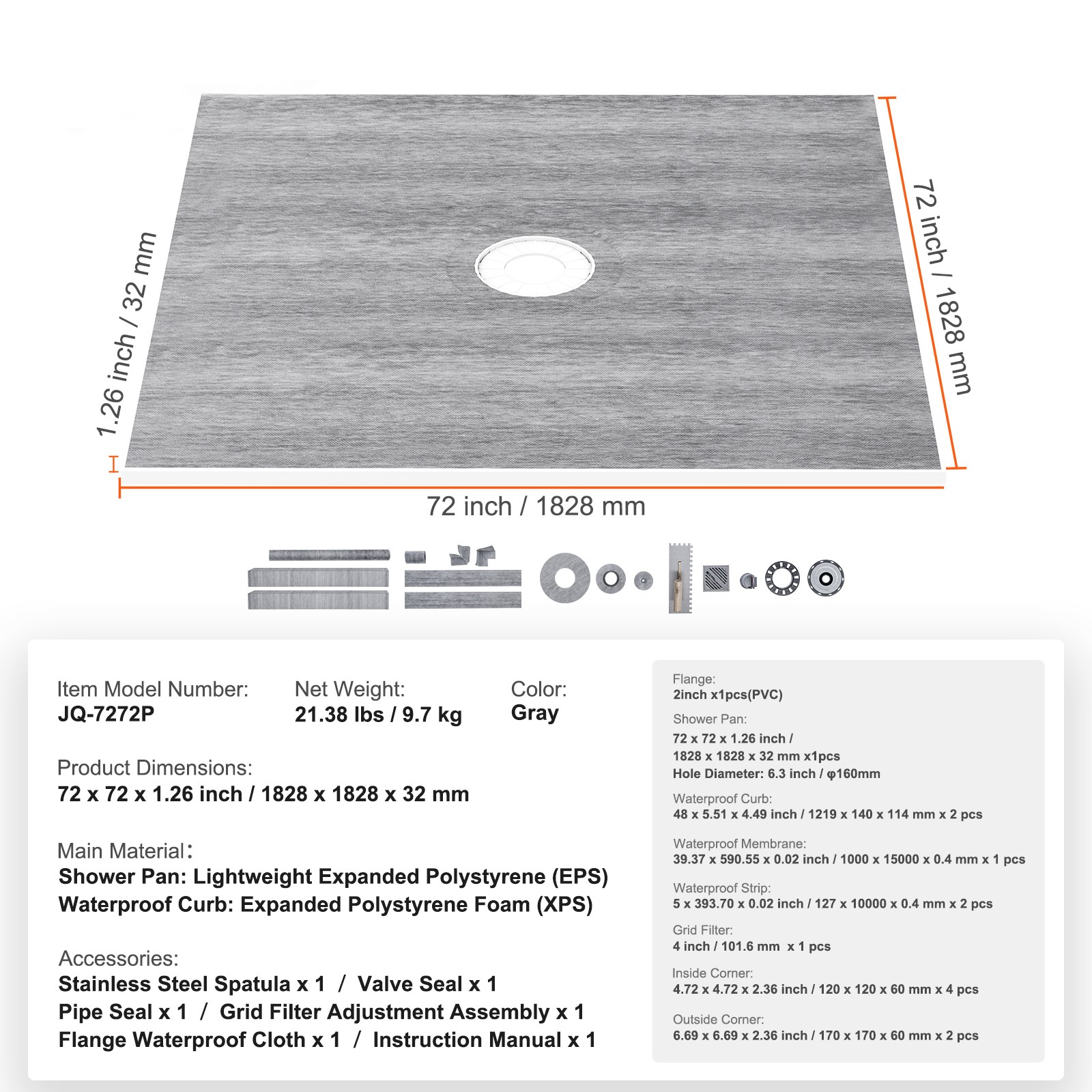VEVOR PVC Shower Curb Kit Shower Pan Kit 72×72″ w/ 2″ Central Flange Waterproof