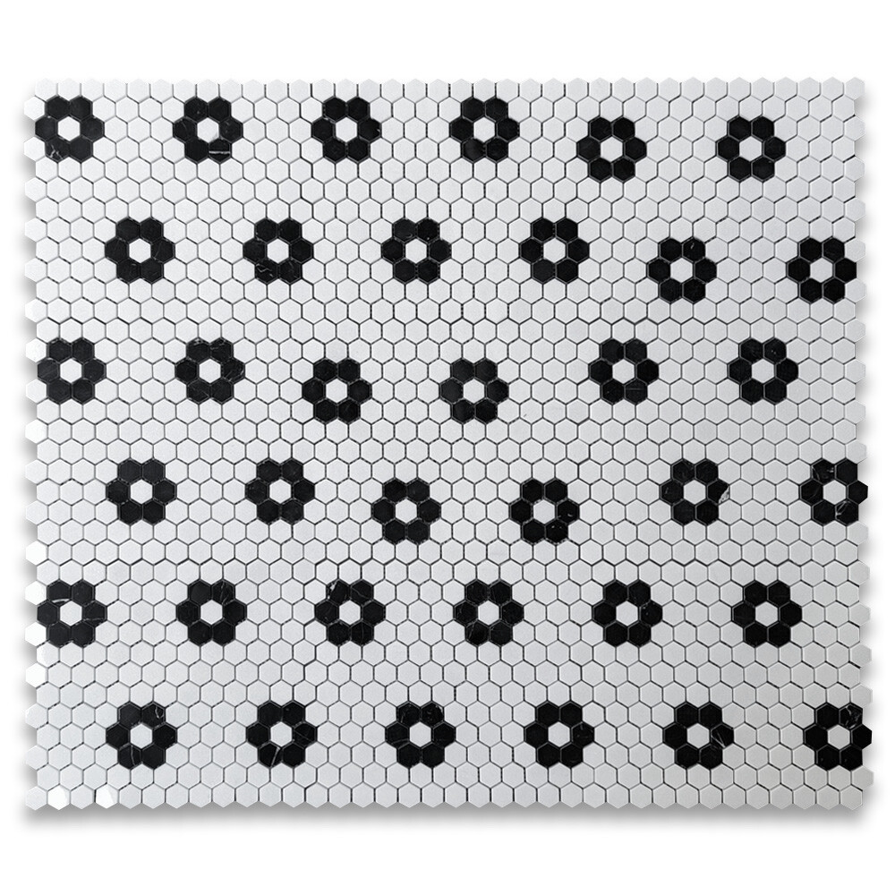 T31F1XP Thassos White Marble Hexagon Rosette Mosaic Tile Nero Marquina Black