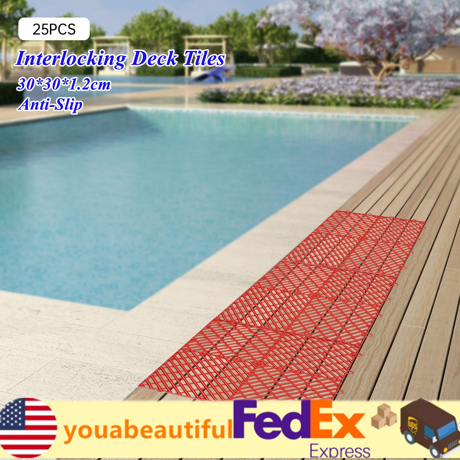 25PCS Interlocking Deck Tile 12*12″ Deck Flooring for Pool Bathroom Patio Garage