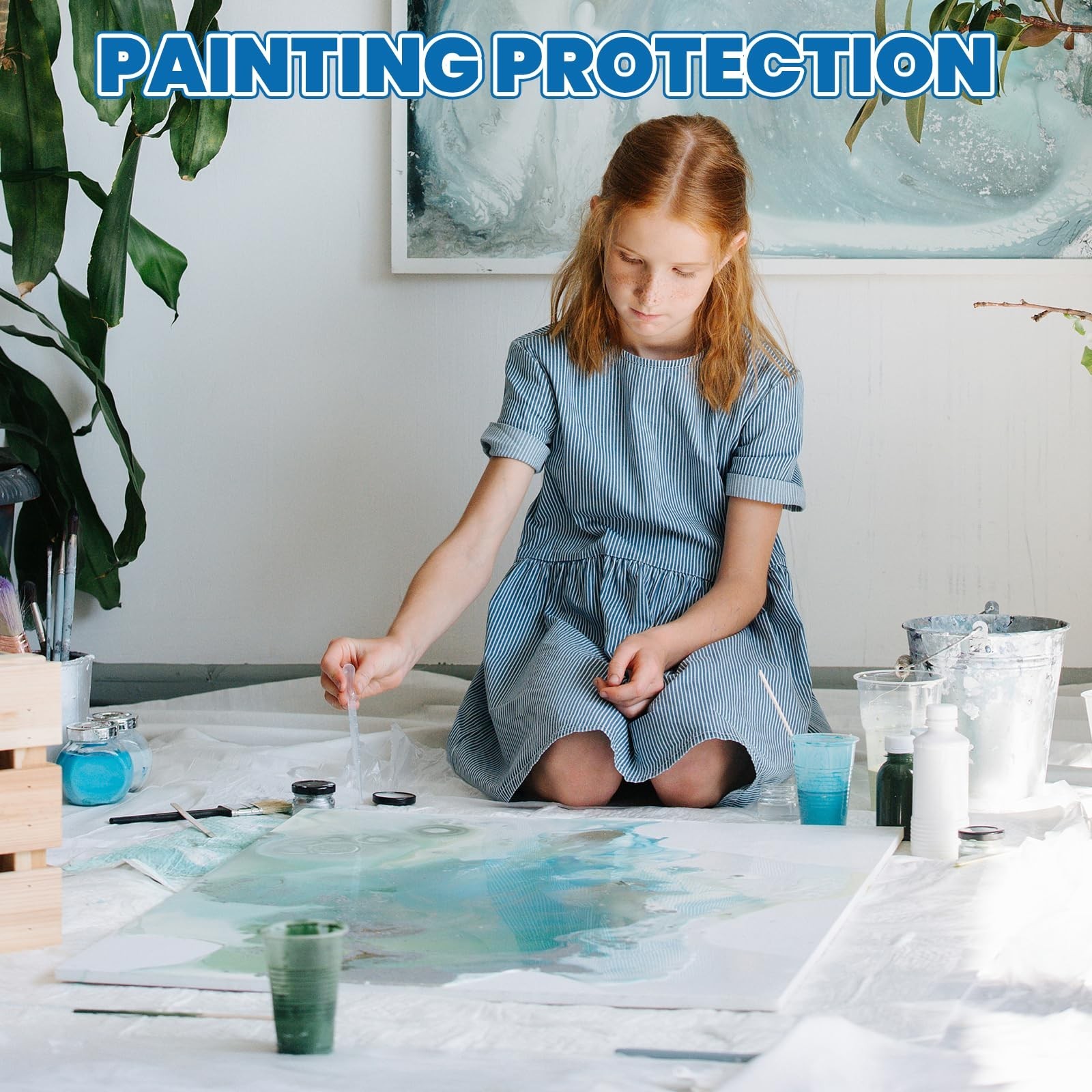 8 Pack Plastic Drop Cloth, 9 x 12 Feet Plastic Sheeting, Painter’s Sheeting &…