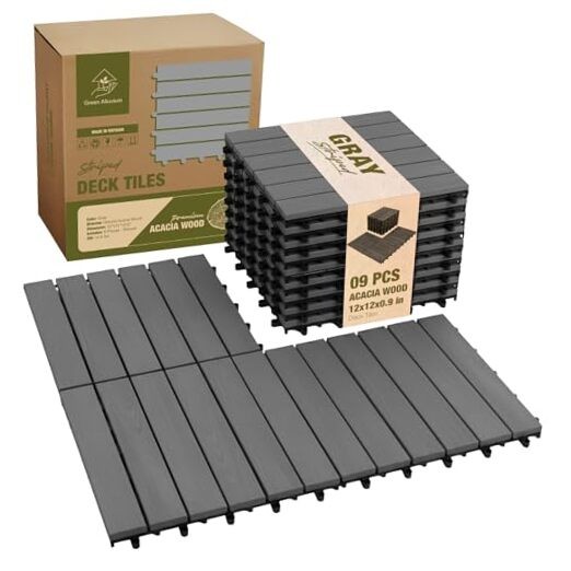 Premium Acacia Wood Interlocking Deck Tiles, 9 PCS 12″x12″x0.9″ Gray – Striped