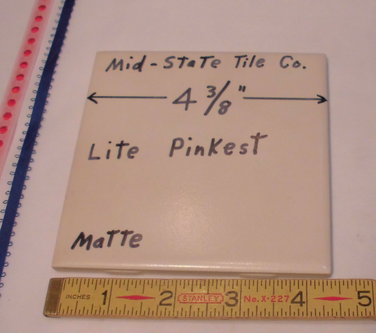 1 pc. Matte *Pinkest-Off white* Ceramic Tile 4-3/8″ by Mid-State; light textured