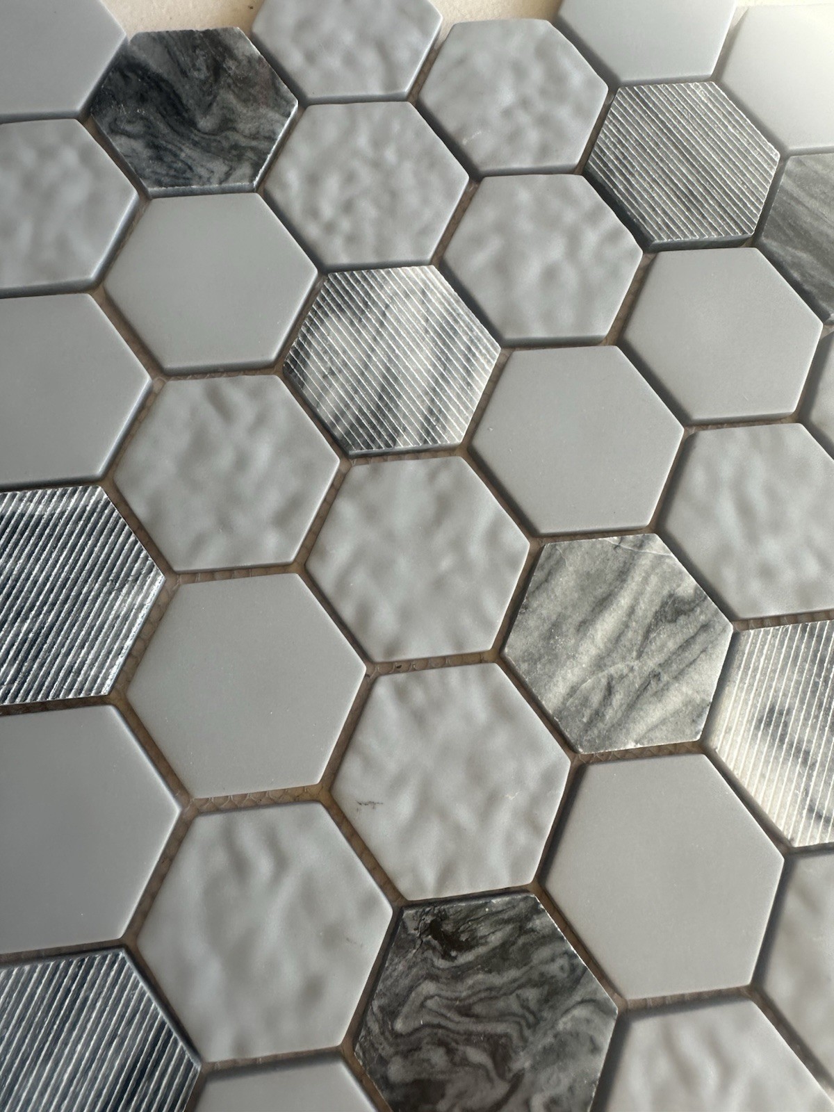 Grey Marble And Glass Hex Mixed Glossy, Matte And Textured Finish 12×12 Inch