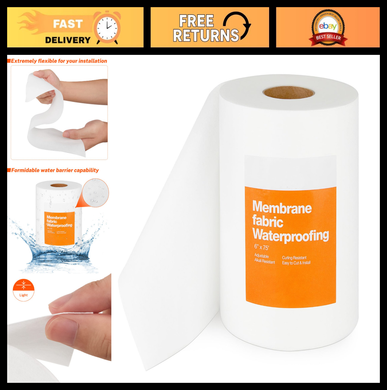 6″ x 75′ Waterproof Membrane Fabric Roll, Anti-Fracture Non-Woven Tape for Showe
