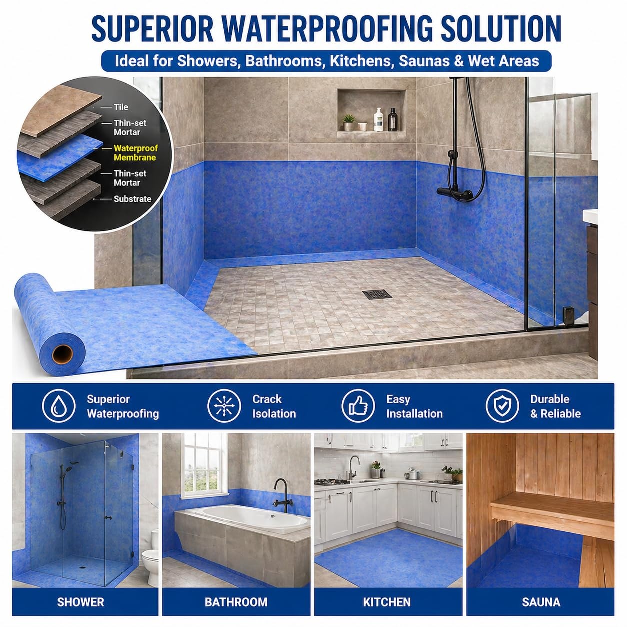 Waterproof Membrane for Shower 3.3 FT x 98.5 FT, x 323 SQ (B)
