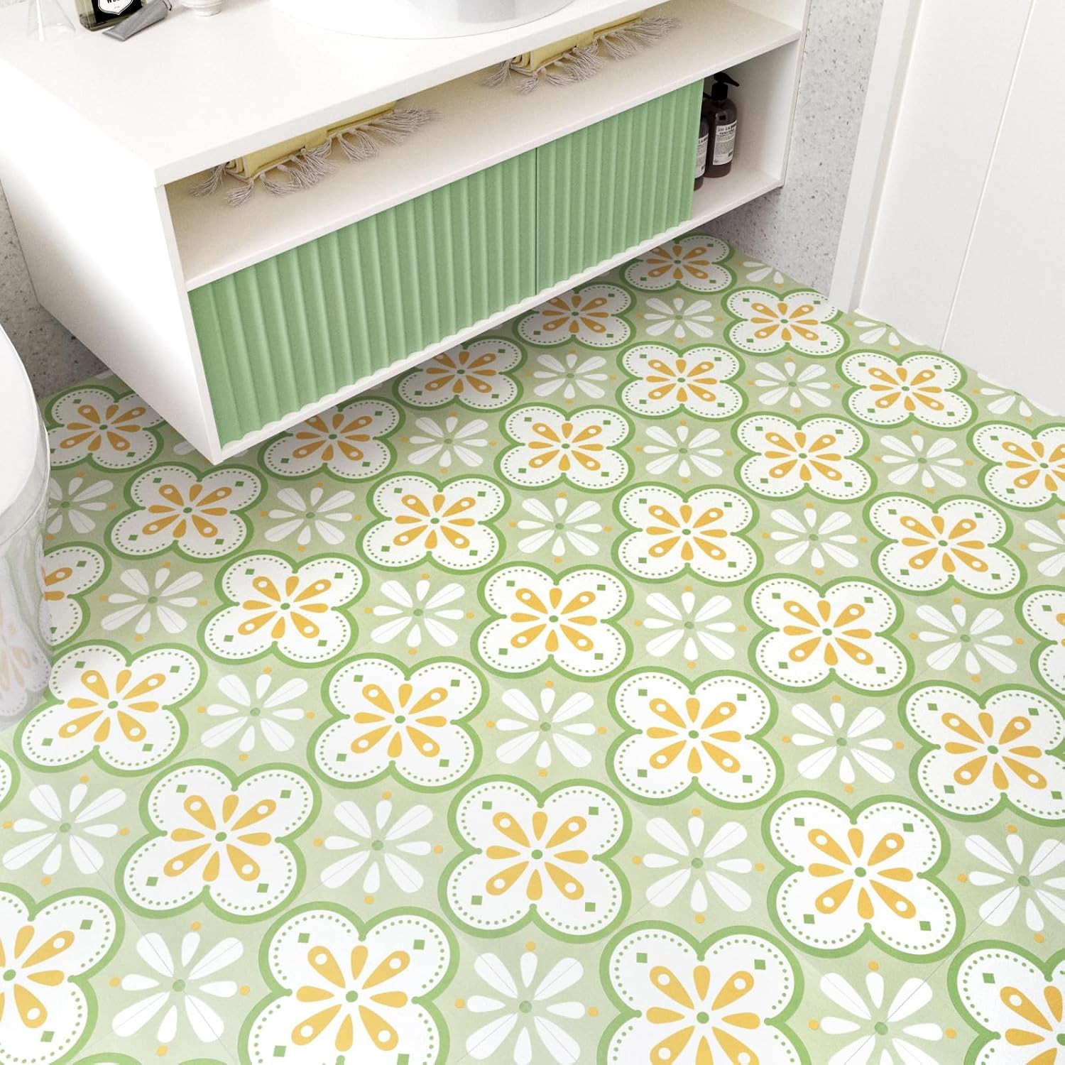 12″x12″ Green Boho Floral Peel and Stick Floor Tile Self Adhesive Waterproof