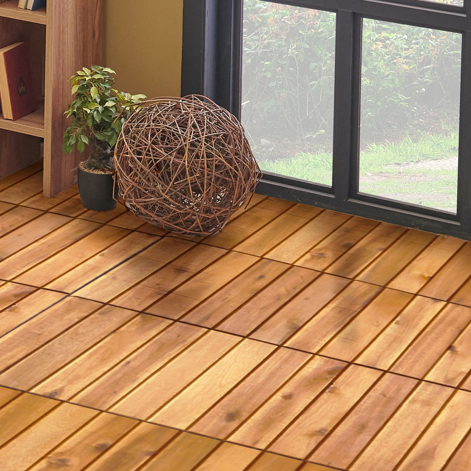 Costway 27PCS Patio Interlocking Tiles Acacia Slat Wood Garden Outdoor &Indoor