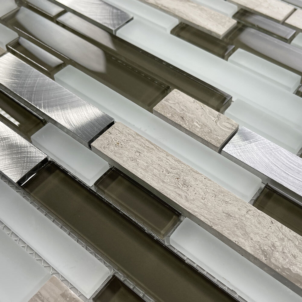 A78005 Glass Mosaic Tile Ash Brown White Grey Wood Grain Marble Aluminum