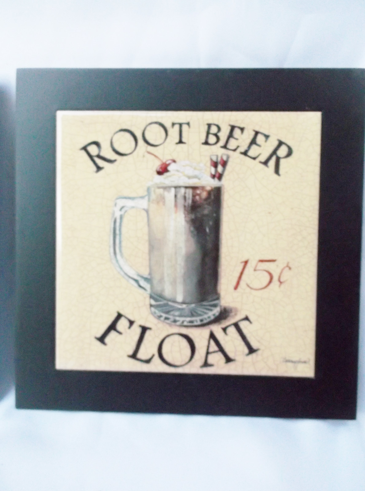 Strawberry Cone/Root Beer Float Ceramic Tile Wood Trivet Hot Plate Wall Art 8×8